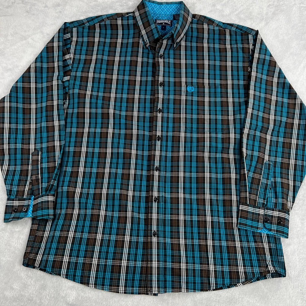 Panhandle Plaid Western Button Down L Turquoise Men Cowboy Rodeo Shirt 3609126